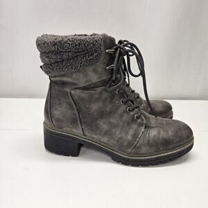 BareTraps AKIRA Gray Faux Leather Fur Trim Combat Ankle Boots Zip Laces Size 10